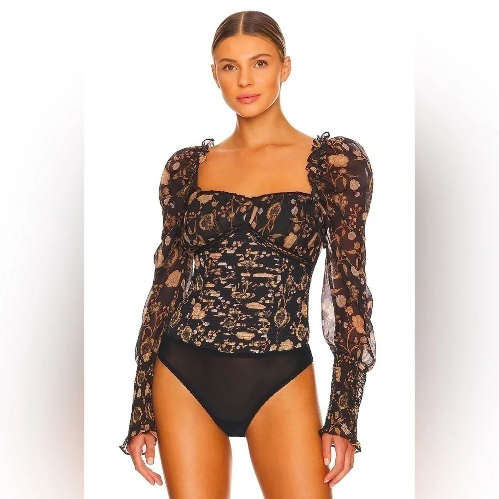 NEW Free People Brunch Date Bodysuit, Black Combo, Size XS